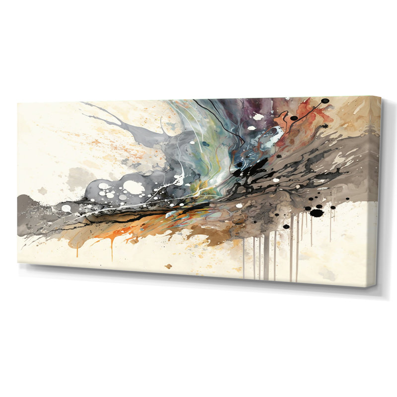 «Jazz Rhythms In Shades Of Grey III», art abstrait à l'encre liquide, Toile tendue, H 28 po x l 60 po x P 1,5 po