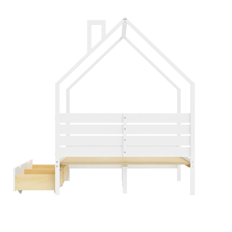 Structure de lit double pour enfant avec tête de lit Montessori, 2 tiroirs de rangement, aucun sommier requis, assemblage facile, blanc