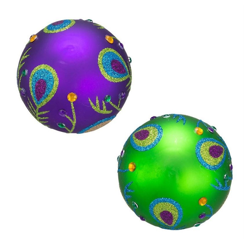 Peacock Green and Purple Glass Ball Ornament Set of 6