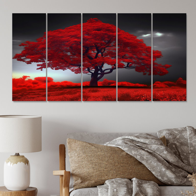 «Majestic Red Tree Nature Photographie III», impression d'art mural paysage - 5 panneaux égaux