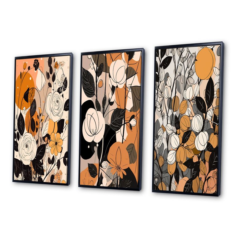 «Retro Terracotta Roses Illustration», 3 pièces, H 28 po x l 36 po, Cadre flottant noir