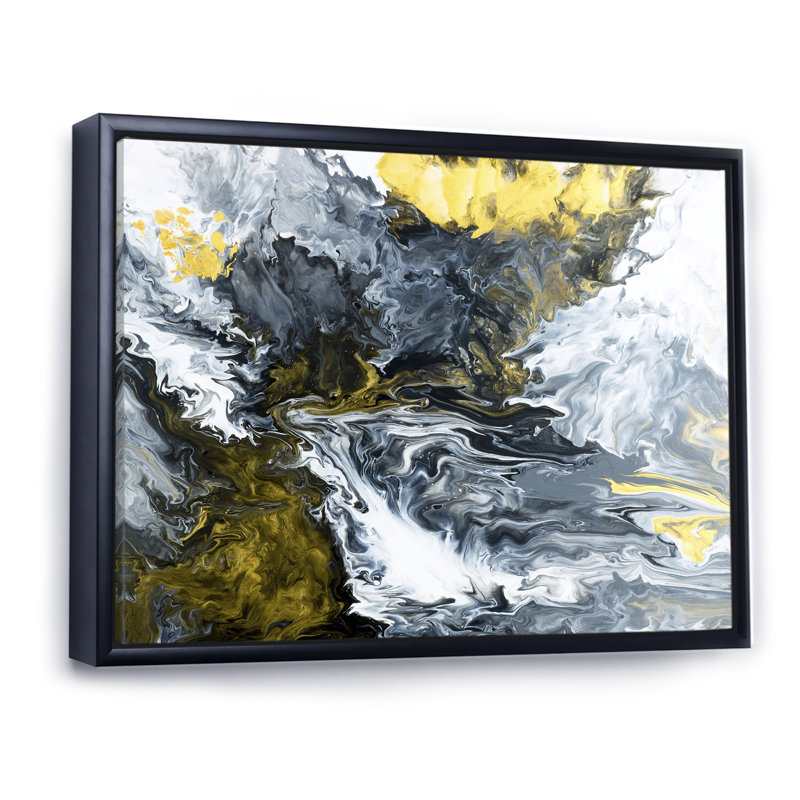 Rivière de marbre jaune dans un liquide Art Universe VII - peinture sur toile, H 25 po x l 33 po x P 1 po, Cadre noir