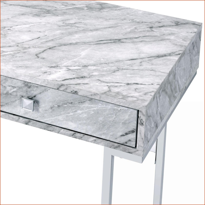 Bureau, bureau moderne en faux marbre blanc avec finition chromée & amp; 2 tiroirs de rangement | Blanc | Faux marbre