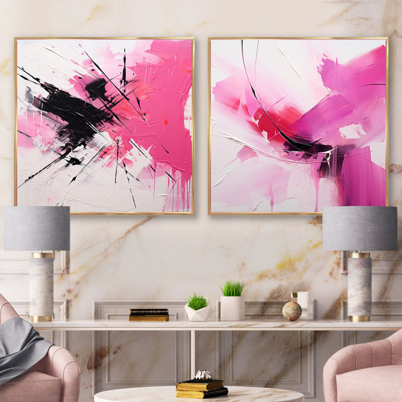 Fusion abstraite dorée et mauve - ensemble de 2 collages carrés fuschia, Cadre flottant doré, H 16 po x l 33 po