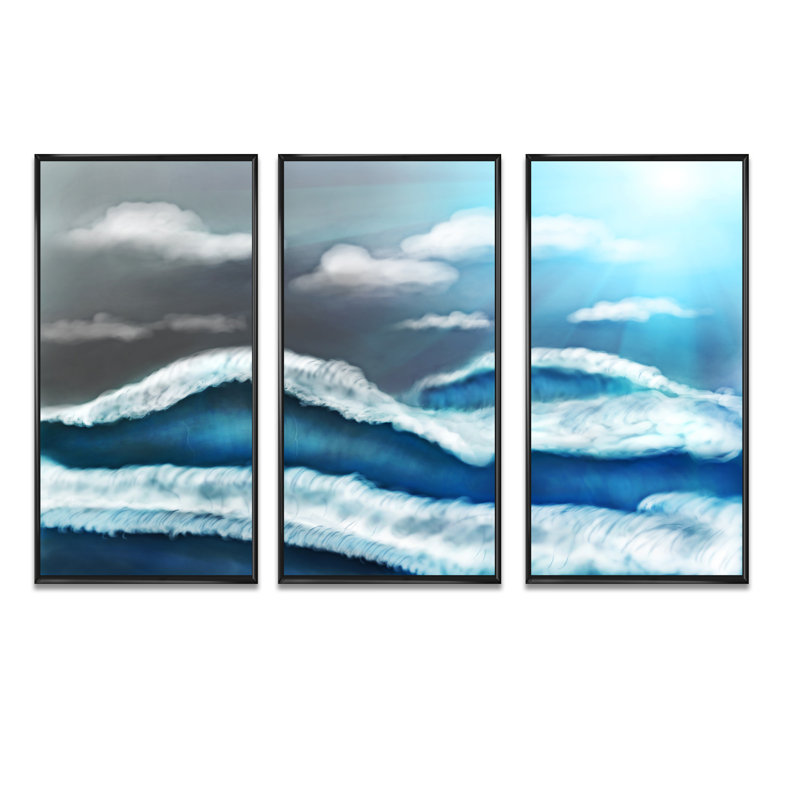 «Blue Sky with Clouds», peinture sur toile flottante 3 pièces, H 32 po x l 48 po, Noir