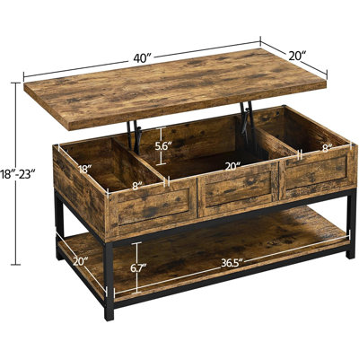 Coffee Table, 40in Lift Top Coffee Table, Rustic Industrial Lift Up Center Tables with Storage Compartments & Shelf for Living Room Reception, Rustic -  17 Stories, 123550E695C04D01B08C197EF400D004