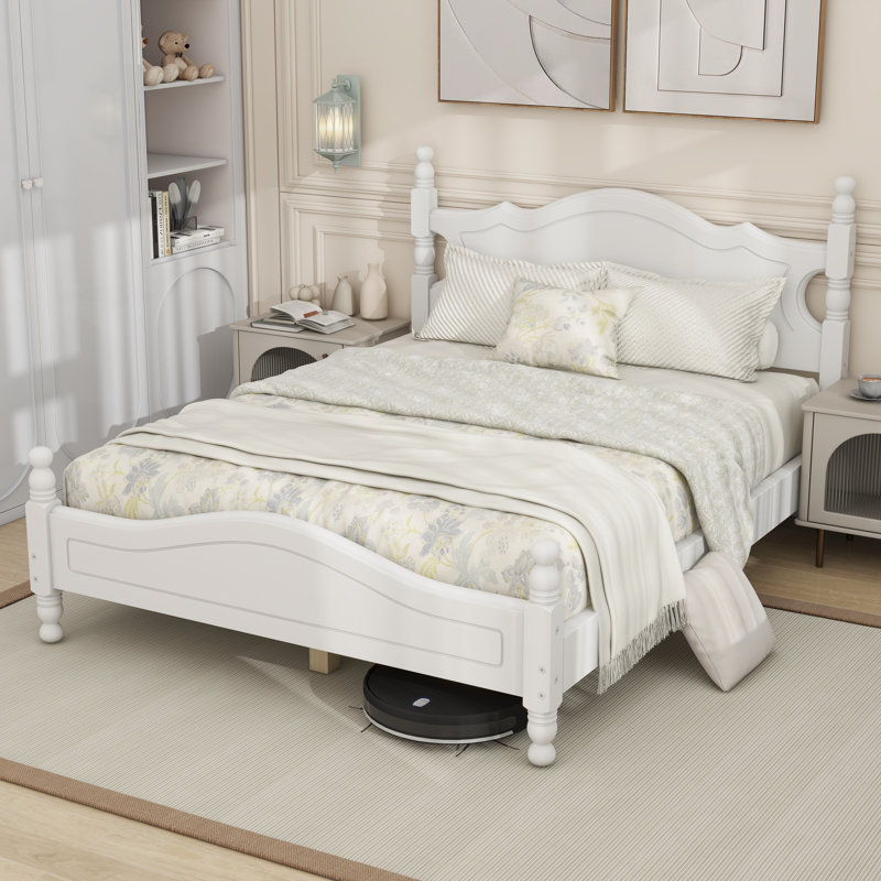 Base de lit plateforme en bois, lit plateforme de style rétro avec support en lattes de bois, Double, Blanc