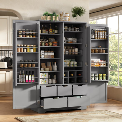 72" Kitchen Pantry Cabinet, Freestanding Storage Cabinet with 5 Drawers, 4 Pull-Out Trays, 8 Door Racks and Adjustable Shelves