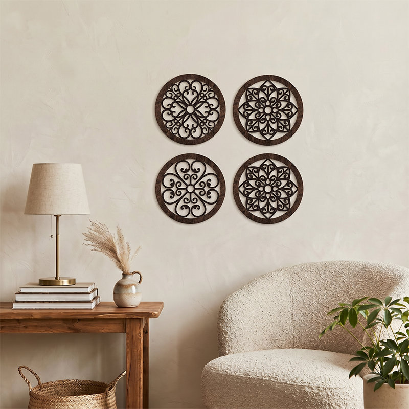 Ensemble de 4 décorations murales Boho Hollow Wood Mandala - Découpes rondes en bois pour le salon, la chambre à coucher et le vestibule