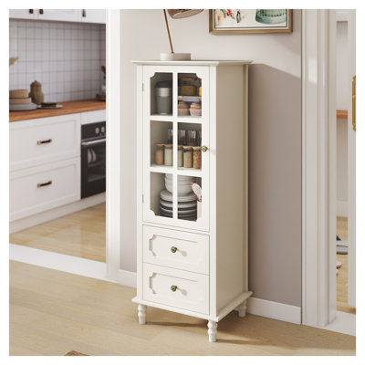 Buffet minimaliste blanc crème avec portes en verre et double tiroir, panneau de fibres à densité moyenne