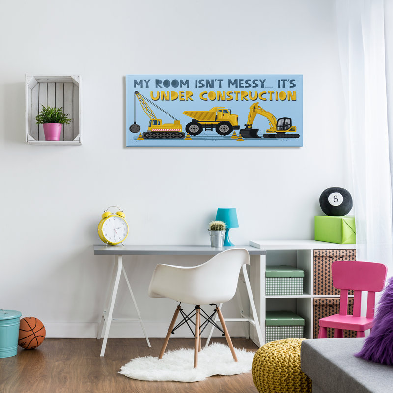 «My Room's Under Construction Kids», panneau jaune véhicules par Lisa Perry White boutons - Impression sur toile