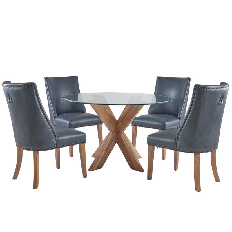 Alejoa 5-Piece Round Glass Pedestal Dining Set, Natural
