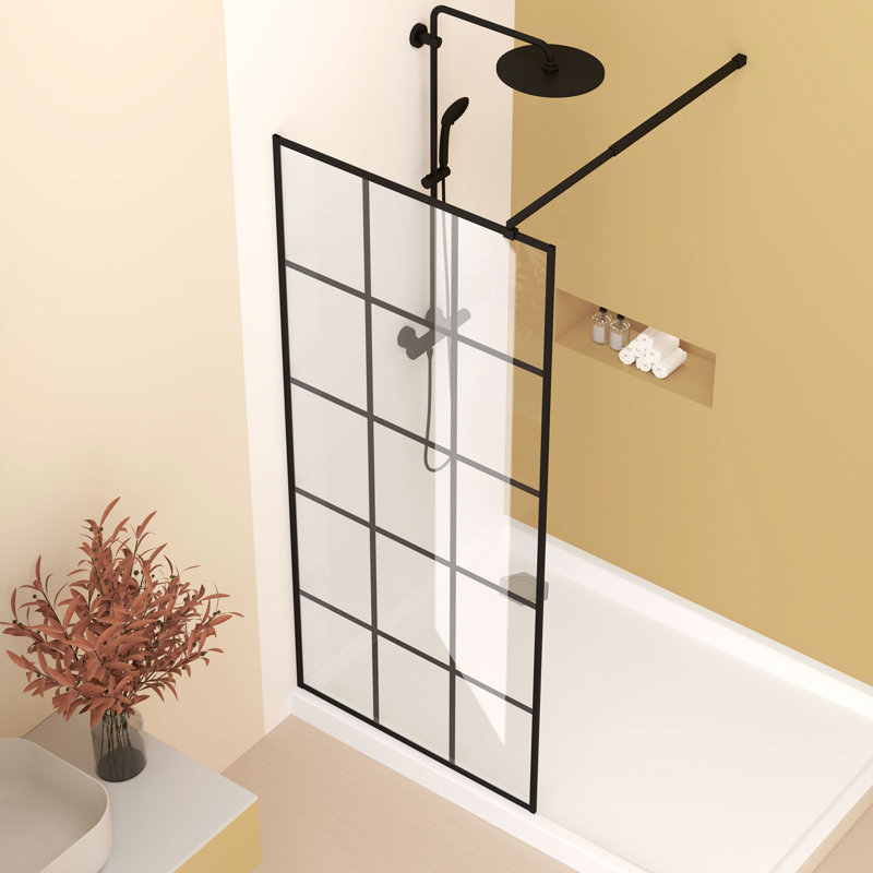 Écran de douche encadré en verre trempé sérigraphié 34 po x 72 po, 1/4 po, 6 mm, aluminium noir mat