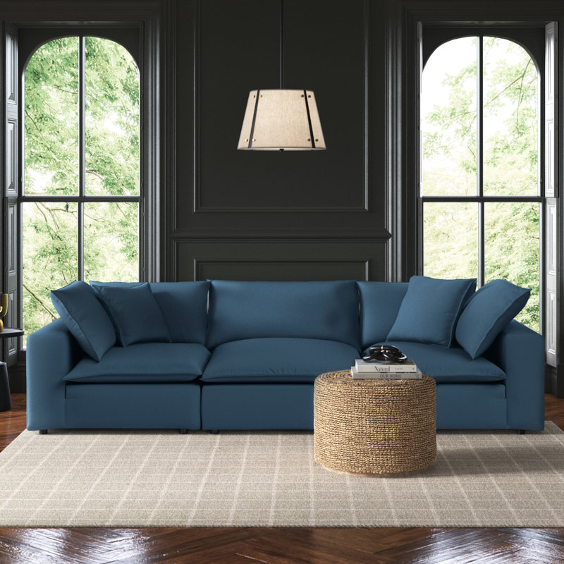 Ellaria 119.7" Square Arm Modular Sofa with Reversible Cushions, Navy Polyester Blend