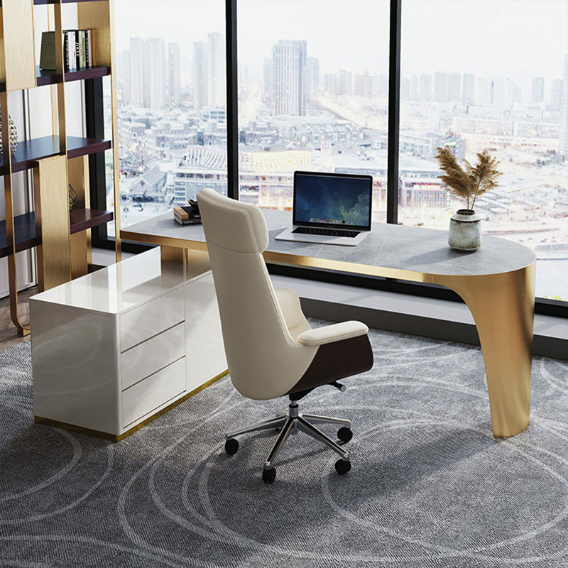 L-Shaped Sintered Stone + Manufactured Wood + Stainless Steel with 3 drawers Desk, 29.53" H x 70.87" W x 47.24" D, Gold/White