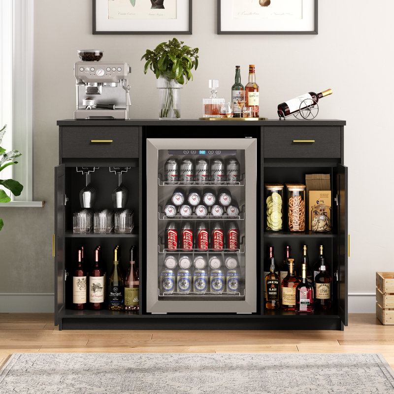 Large Coffee Bar Cabinet With Fridge Space, Mini Fridge Cabinet With Wine Storage,mini Fridge Stand,refrigerator Stand Buffet Sideboard Table Liquor Wine Cabinet For Kitchen Dining Room Black Kh04mrb