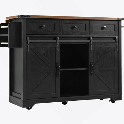 Farmhouse Kitchen Island with Power Outlet, Sliding Barn Doors, and Drop Leaf for Versatile Storage and Functionality