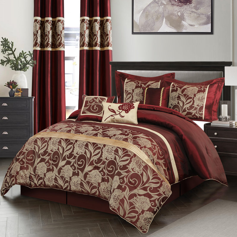 Mollybee 9 Piece Comforter Set, Édredon très grand californien + 8 pièces suppl, Rouge/doré