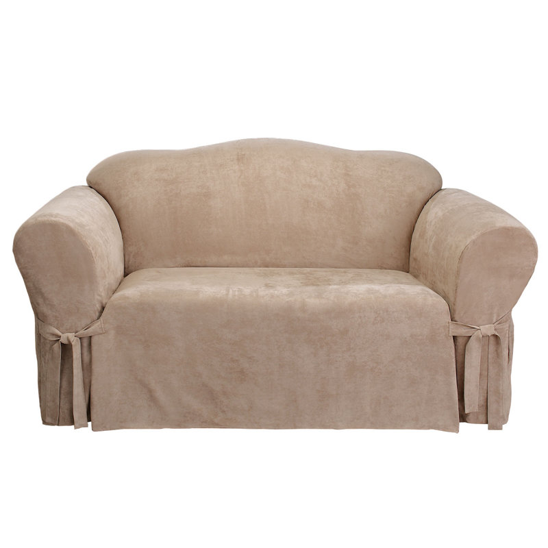 Taupe Stretch Suede Loveseat Slipcover with Side Ties