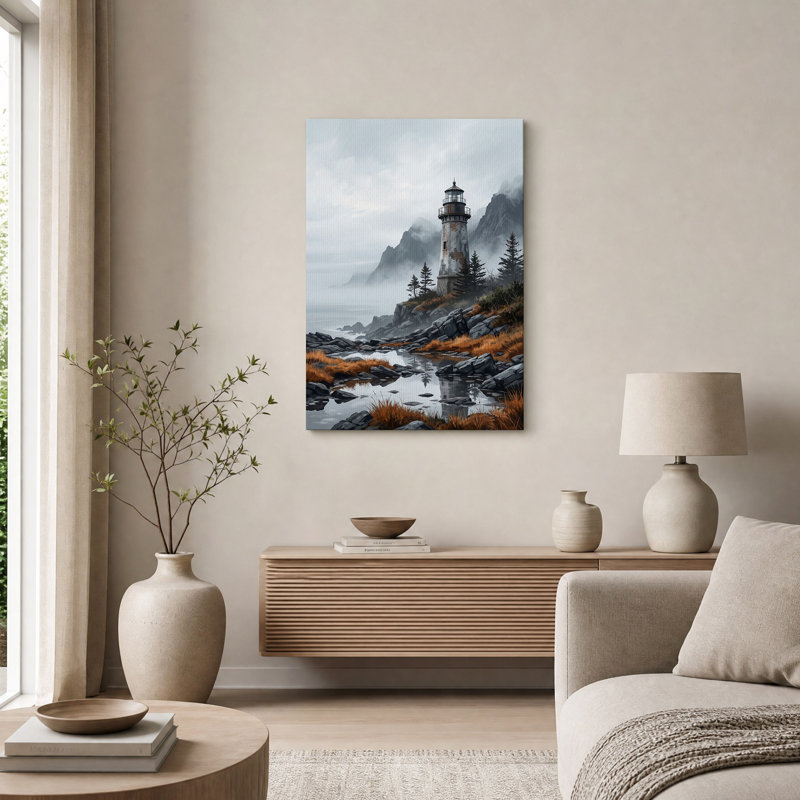 Art mural sur toile «Weathered Lighthouse on Misty Rocky Coast», H 18 po x l 12 po