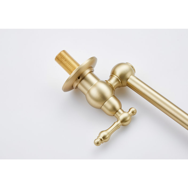 Wall Mount Pot Filler Faucet Brushed Gold - Foldable Feature, 360 Rotatable, Brass Build, Double Handles For Precise Water Flow Regulation, Corrosion Finish In Arm, Rotation, Brass, Control, Surface