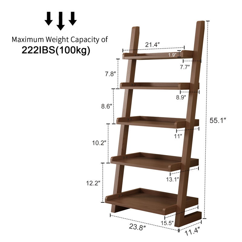 Solid Wood Ladder Shelf with 5 Tiers, Modern Leaning Bookshelf with Raised Edges for Living Room, Bedroom and Home Office