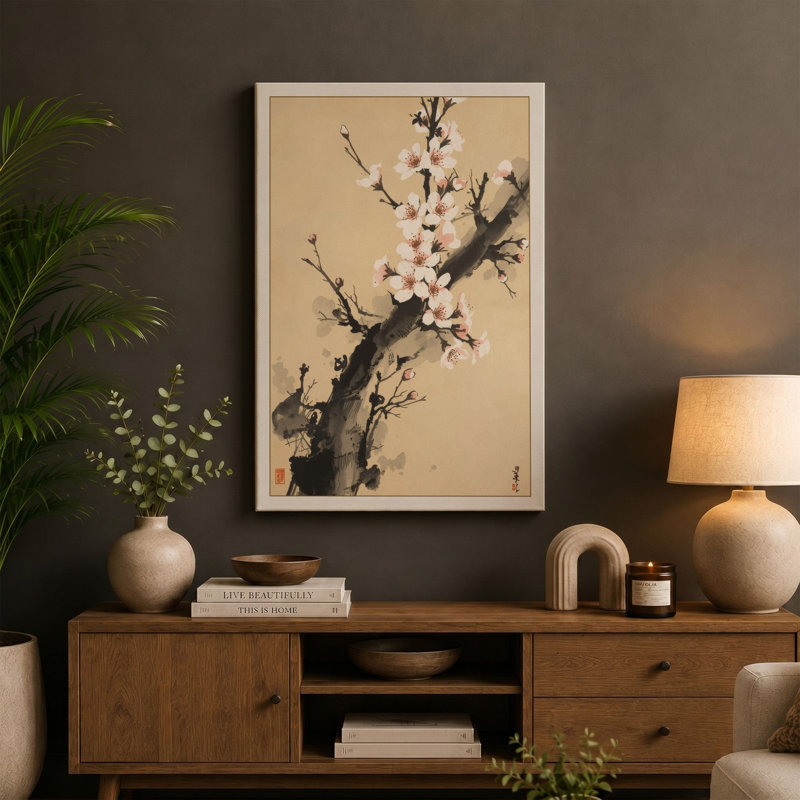 Moonlit Blossoms Japandi - Wrapped Canvas, 18x12 - 45.7 x 30.5 cm, Taupe Border