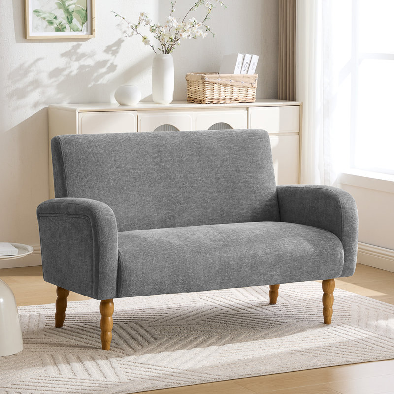 Small 2 Seater Sofa With Solid Rubberwood, Mid Century Modern Fabric Loveseat Sofa for Living Room Bedroom Office, Grey