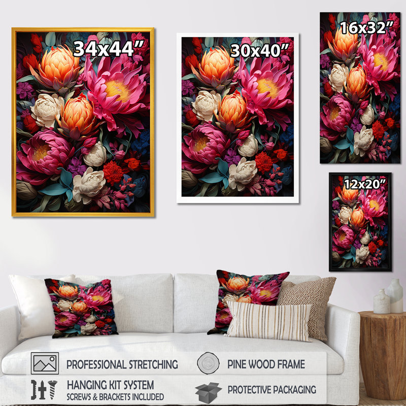 Rustic Ruby Flower Impression I - Flowers Wall Art, Silver Single Picture Frame, 40" H x 30" W x 1.5" D