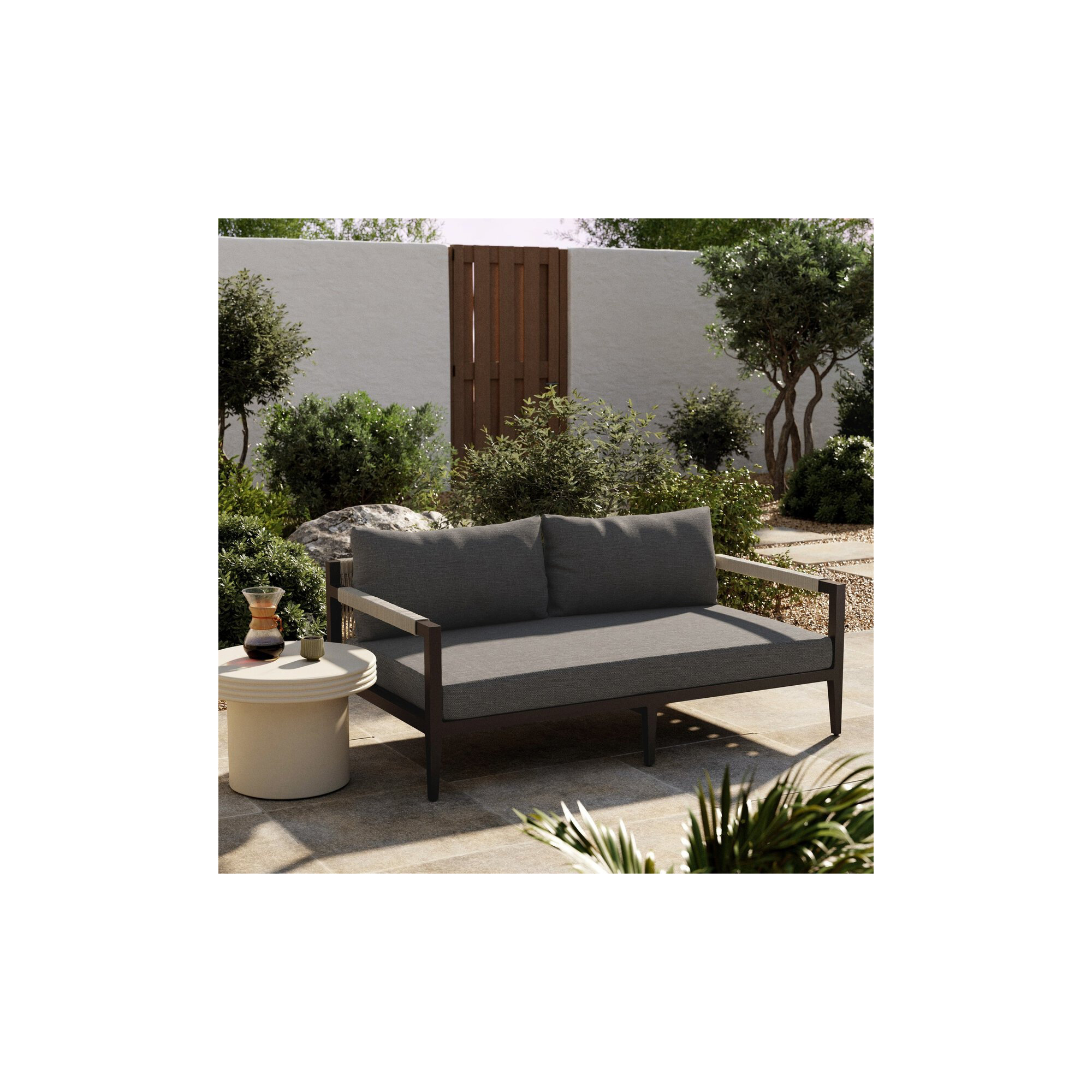 Kristine 63'' Wide Loveseat with Cushions, Weathered Gray, Stone Gray Cushion/Bronze/White Frame