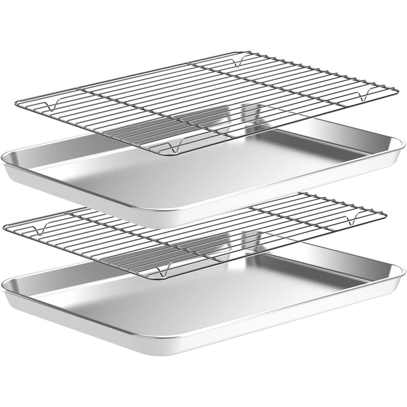 2-Pack Baking Sheets with Wire Racks – Stainless Steel Cookie Sheets, Non-Toxic & Heavy Duty, Easy Clean, 12" x 10" x 1" Quarter Sheet Pan Set