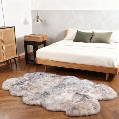 Luxurious Plush White and Gray Faux Sheepskin Rug