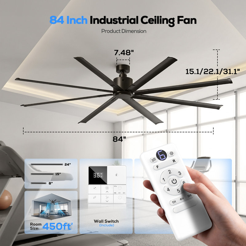 84 Inch Industrial Ceiling Fans No Lights, Large Ceiling Fan With 8 Reversible Blades, Outdoor/Indoor Industrial DC Motor Ceiling Fan With 6-Speed Remote Control For Porch Garage Shop Gym, Black