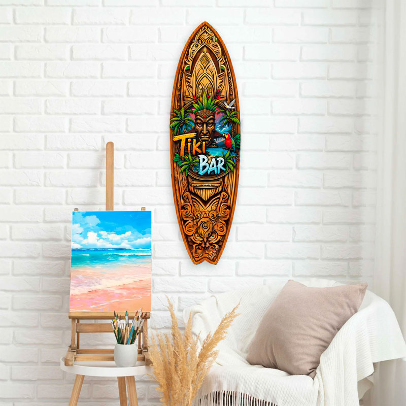 Art mural de planche de surf Tiki Bar par G. Debrekht - décor côtier fabriqué à la main pour Tiki Lounge & Beach House