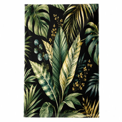 Serviette de plage 1Pcs avec feuilles de botanique tropicales, avec monstera vert luxuriant, palmier et eucalyptus sur fond aquarelle noir. Grande microfibre à séchage rapide, parfaite pour la natation, les voyages et les activités de plein air.