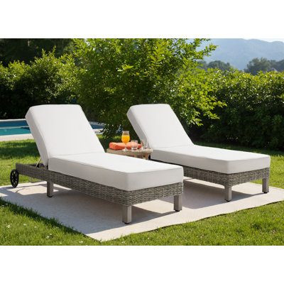 Patio Outdoor Wicker Chaise Lounge Chairs with 5 Adjustable Backrest and Rolling Design (Set of 2)