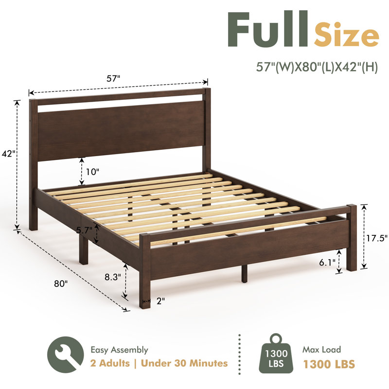 Lit standard en bois massif avec tête et pied de lit à lattes ajourées, noyer noir, Full / Double, Dark Walnut