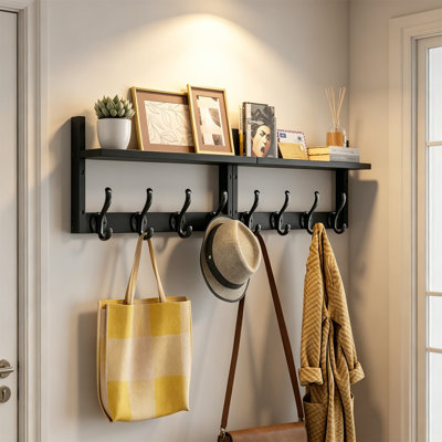 33 Inch Coat Rack Wall Mount with Shelf, Entryway Wall Hooks Heavy Duty Coat Hanger for Living Room Bedroom, Black