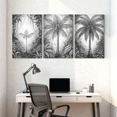 Palmiers, jungle tropicale, palmiers, reflets, noir et blanc, ensemble de 3 impressions sur toile