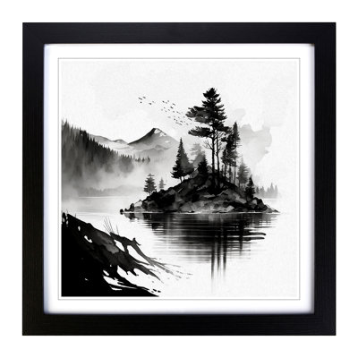 Lake Ink Wash - Single Picture Frame Print on Wood