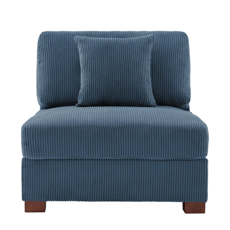 Milbrey Upholstered Navy Corduroy Armless Accent Chair with Pillow Back and Solid Wood Legs, Navy, Corduroy