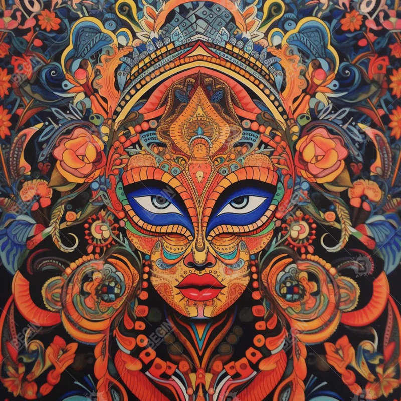 Face aztèque - Toile abstraite encadrée noire pour la décoration intérieure