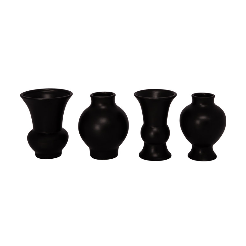 Ceramic Round Bellied Vase Trumpet Mouth And Small Urn in Different Designs Set of Four Matte Finish..4.50"x4.50"x5.50"H; 4.00"x4.00"x5.50"H; 3.50"x3.50"x5.50"H; 4.25''x4.25''x5.50''H