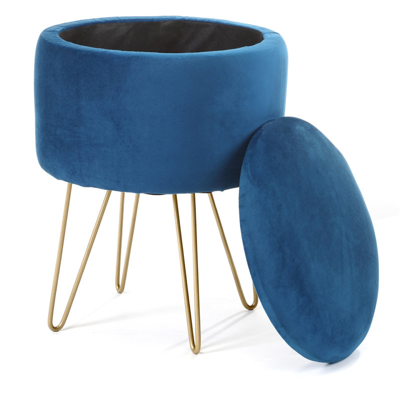 Ahavah 35cm Wide Velvet Tufted Circle Pouf Ottoman with Storage, Marine