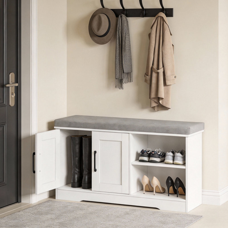 39.4" Hoe Bench With Padded Seat Cushion And Storage Entryway Bench With 2 Doors And   Side   Adjustable   Shelf