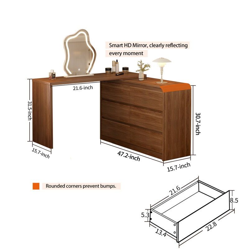 Makeup Vanity Desk with Mirror and Lights, 50-90 inch Extendable Mid Century Walnut Makeup Dresser Combo with 47 Inch 6 Drawer Dresser and L Shaped Vanity Desk, Without Stool, Brown