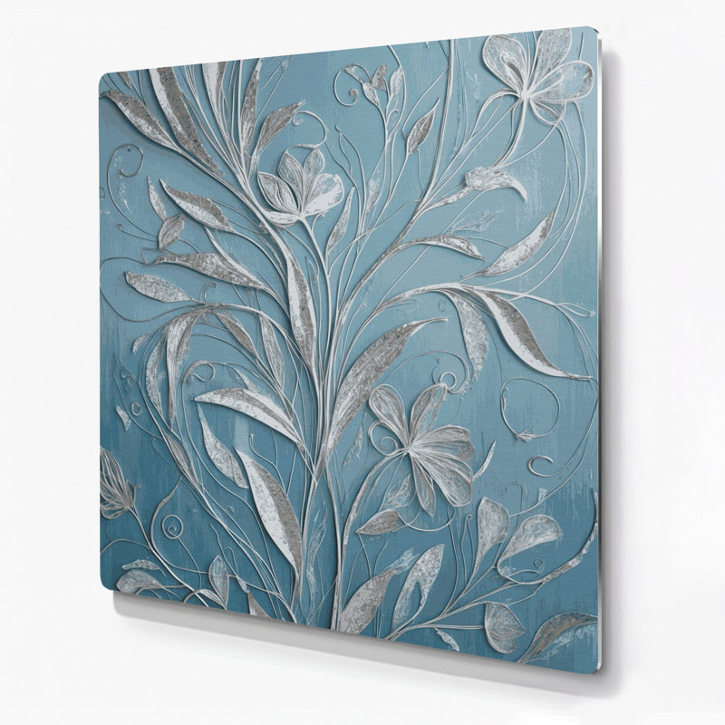 Abstrait floral 97, art mural en métal bleu, H 12 po x l 12 po