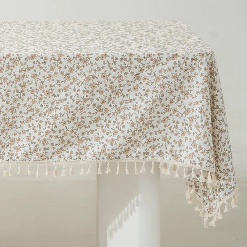     Spring Floral White Cotton Tablecloth with Tassel – 56" W X 88" L, 88" L x 56" W