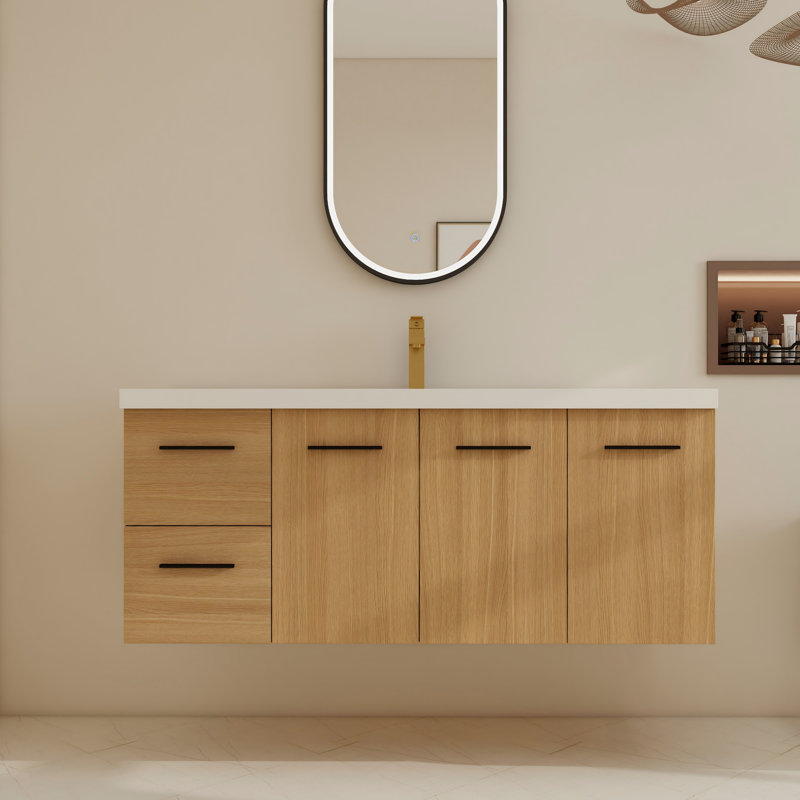Ensemble de meuble-lavabo mural simple 48 po avec lavabo supérieur en résine, meuble-lavabo flottant avec porte à fermeture en douceur et tiroirs