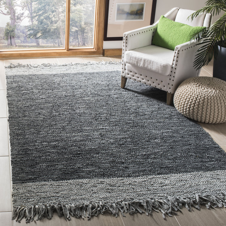 Exley Hand Woven Leather/Cotton Solid Color Rug in Dark Gray